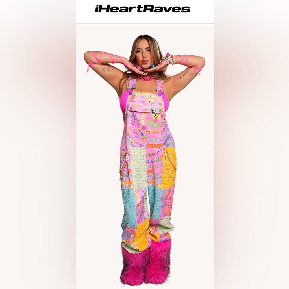 iHeartRaves Pink Multi-Color Patchwork Overalls Jumpsuit